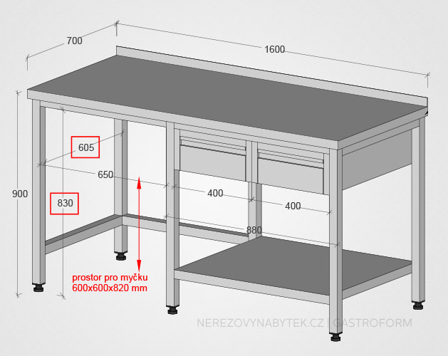 Nerezové pracovní stoly, rozměry od 600mm do 3000mm, výška i šířka stolu lze měnit na zakázku dle potřeby